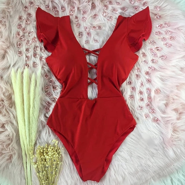 2021 New Sexy Ruffle Print Floral One Piece Swimsuit Off The Shoulder Swimwear Women Solid Deep-V Beachwear Bathing Suit Monkini