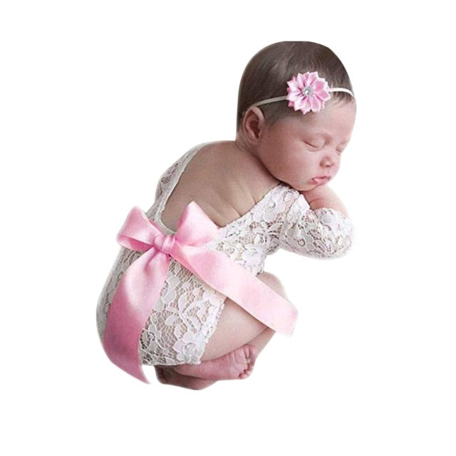 Baby Romper Deep V Backless Newborn Photo Photograph Props Lace Toddler Hollow Bow-knot Design Fotografia Accessories