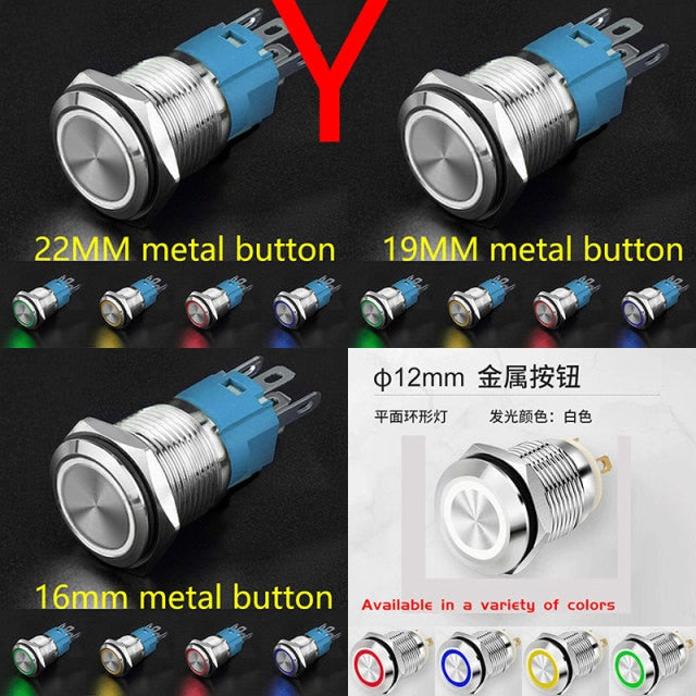 12MM 16MM 19MM 22MM Led Metal Button with Light Waterproof Button Self Reset Inching Self Locking Power Symbol Switch Round 24V