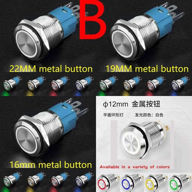 12MM 16MM 19MM 22MM Led Metal Button with Light Waterproof Button Self Reset Inching Self Locking Power Symbol Switch Round 24V