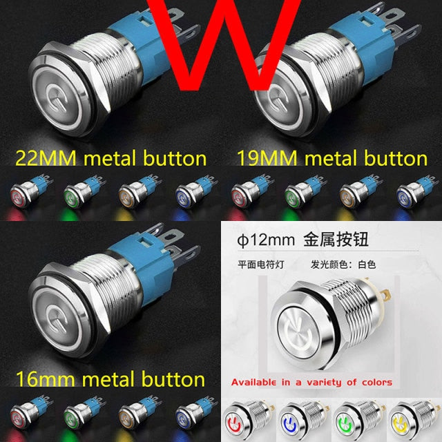 12MM 16MM 19MM 22MM Led Metal Button with Light Waterproof Button Self Reset Inching Self Locking Power Symbol Switch Round 24V