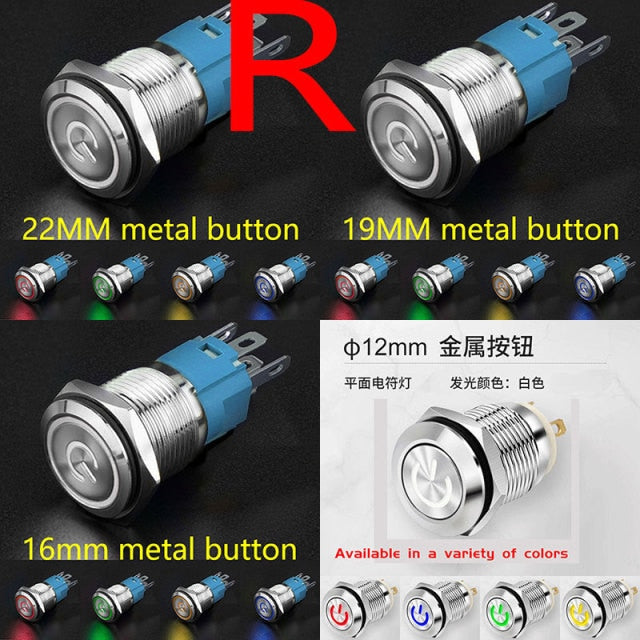 12MM 16MM 19MM 22MM Led Metal Button with Light Waterproof Button Self Reset Inching Self Locking Power Symbol Switch Round 24V