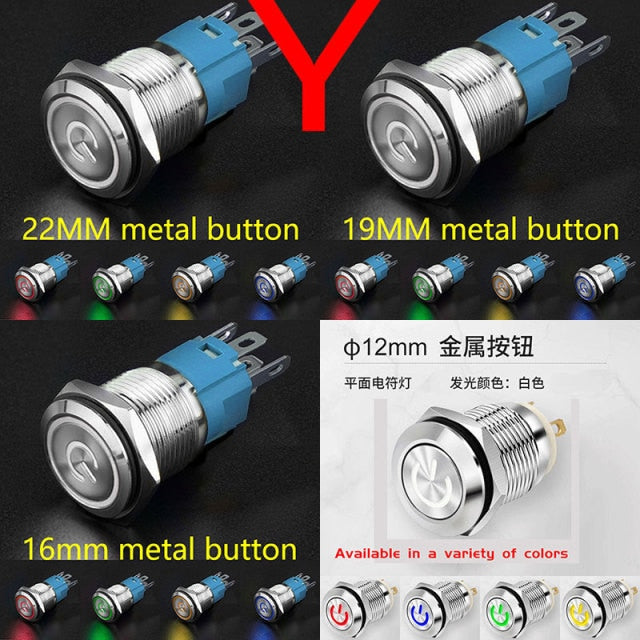 12MM 16MM 19MM 22MM Led Metal Button with Light Waterproof Button Self Reset Inching Self Locking Power Symbol Switch Round 24V