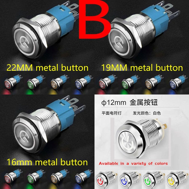 12MM 16MM 19MM 22MM Led Metal Button with Light Waterproof Button Self Reset Inching Self Locking Power Symbol Switch Round 24V