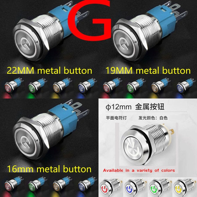 12MM 16MM 19MM 22MM Led Metal Button with Light Waterproof Button Self Reset Inching Self Locking Power Symbol Switch Round 24V