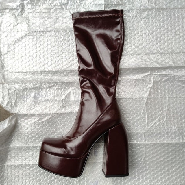 punk style autumn winter boots elastic microfiber shoes woman ankle boots high heels black thick platform long knee high boots