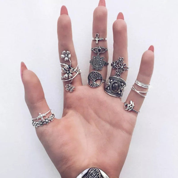 Tocona 14pcs/Set Vintage Antique Silver Color Ring for Women Rose Sunflowers Cross Geometric Bohemia Jewelry 4кольцо 6391