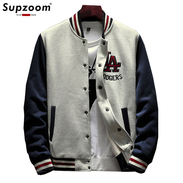 2020 New Arrival Letter Rib Sleeve Cotton Embroidery Logo Single Breasted Casual Bomber Baseball Jacket Loose Cardigan Coat