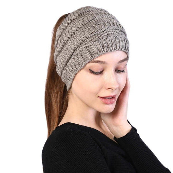 autumn winter Ponytail Beanie hat Women Stretch Knitted Crochet Beanies cap Winter Hats Cap  For Women Warm Lady