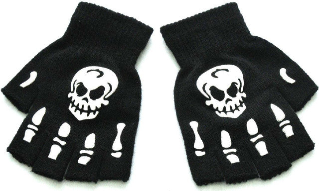 Warm Knitting Fingerless Gloves for Adult Half Finger Glove Human Skeleton Head Gripper Print Cycling Non-slip Wrist Gloves