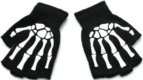 Warm Knitting Fingerless Gloves for Adult Half Finger Glove Human Skeleton Head Gripper Print Cycling Non-slip Wrist Gloves