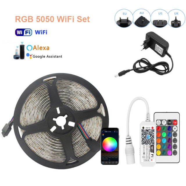 LED Strip Light RGB 5050 2835 Flexible Ribbon WiFi Bluetooth 12V led strip 20M 5M 10M 15M Waterproof Tape Diode+Control+Adapter