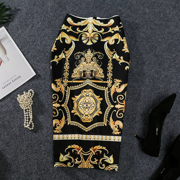 New-Coming European Women Autumn Print Pencil Skirt High Stretch Abstract Pattern Midi Slip Hip Skirt Female