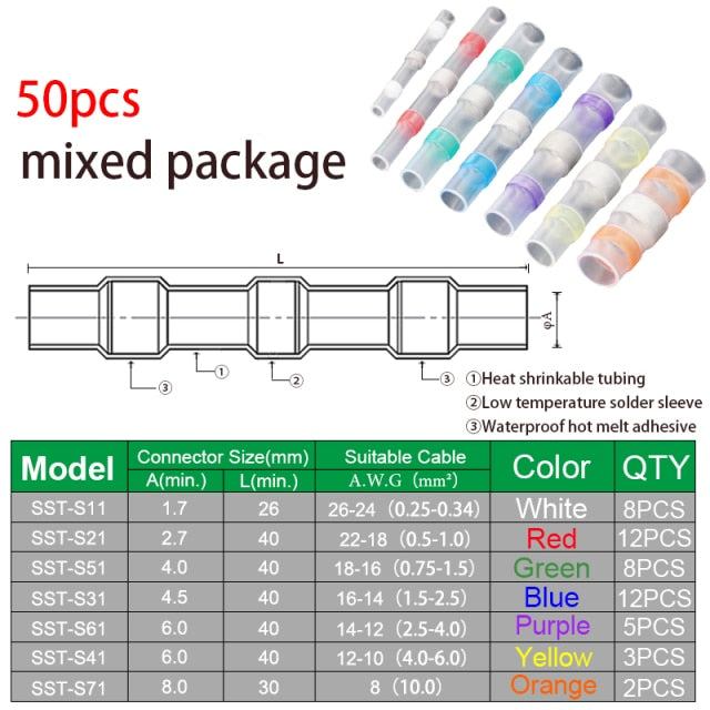 10/50PCS Thermal Shrinkage  Electrical Car Wires Connector Solder  Extrusion Terminals Block Cable Termination Wireway Clamping