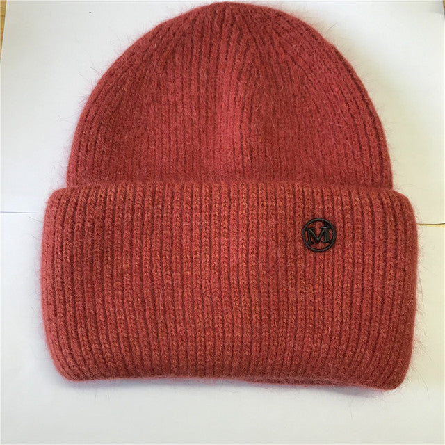 USPOP New Women's Hats Winter Thick Warm Knitted Hats Solid Color Letter M Soft Rabbit Hair Skullies Beanies