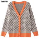 TYHRU Women's Knitting Sweater Color Matching Diamond Lattice Single-Breasted Buttons Loose Casual Knitted Cardigan Sweaters