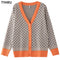 TYHRU Women's Knitting Sweater Color Matching Diamond Lattice Single-Breasted Buttons Loose Casual Knitted Cardigan Sweaters