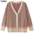TYHRU Women's Knitting Sweater Color Matching Diamond Lattice Single-Breasted Buttons Loose Casual Knitted Cardigan Sweaters