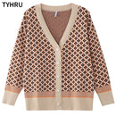 TYHRU Women's Knitting Sweater Color Matching Diamond Lattice Single-Breasted Buttons Loose Casual Knitted Cardigan Sweaters
