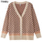 TYHRU Women's Knitting Sweater Color Matching Diamond Lattice Single-Breasted Buttons Loose Casual Knitted Cardigan Sweaters