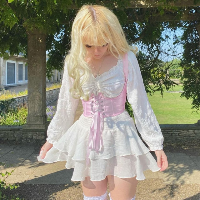 IAMHOTTY Chiffon Slash Neck Mini Dress Women Summer Beach Vacation Long Sleeve Corset Bandage Sundress Party Casual Dresses Pink