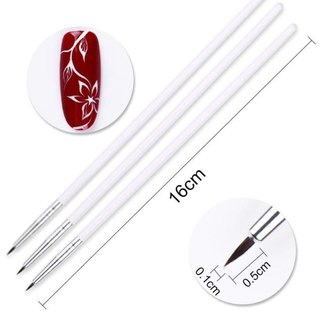 3Pcs Acrylic French Stripe Nail Art Liner Brush Set 3D Tips Manicuring Ultra-thin Line Drawing Pen UV Gel Brushes Painting Tools