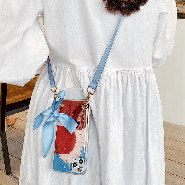 Fashion Cross Shoulder Strap Marble Christmas Gift Case For iPhone 12 11 Pro Max XS Max XR X 7 8 Plus Bow Necklace Soft Cover