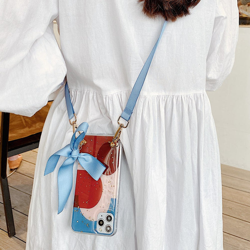 Fashion Cross Shoulder Strap Marble Christmas Gift Case For iPhone 12 11 Pro Max XS Max XR X 7 8 Plus Bow Necklace Soft Cover