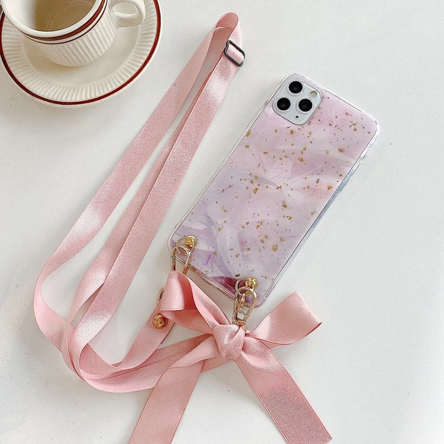 Fashion Cross Shoulder Strap Marble Christmas Gift Case For iPhone 12 11 Pro Max XS Max XR X 7 8 Plus Bow Necklace Soft Cover