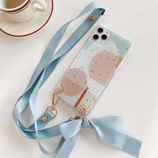Fashion Cross Shoulder Strap Marble Christmas Gift Case For iPhone 12 11 Pro Max XS Max XR X 7 8 Plus Bow Necklace Soft Cover