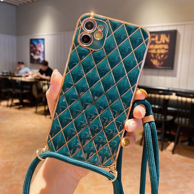 Fashion Cross Shoulder Strap Marble Christmas Gift Case For iPhone 12 11 Pro Max XS Max XR X 7 8 Plus Bow Necklace Soft Cover