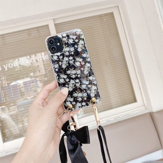 Fashion Cross Shoulder Strap Marble Christmas Gift Case For iPhone 12 11 Pro Max XS Max XR X 7 8 Plus Bow Necklace Soft Cover