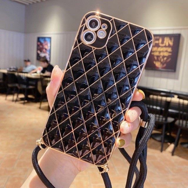 Fashion Cross Shoulder Strap Marble Christmas Gift Case For iPhone 12 11 Pro Max XS Max XR X 7 8 Plus Bow Necklace Soft Cover