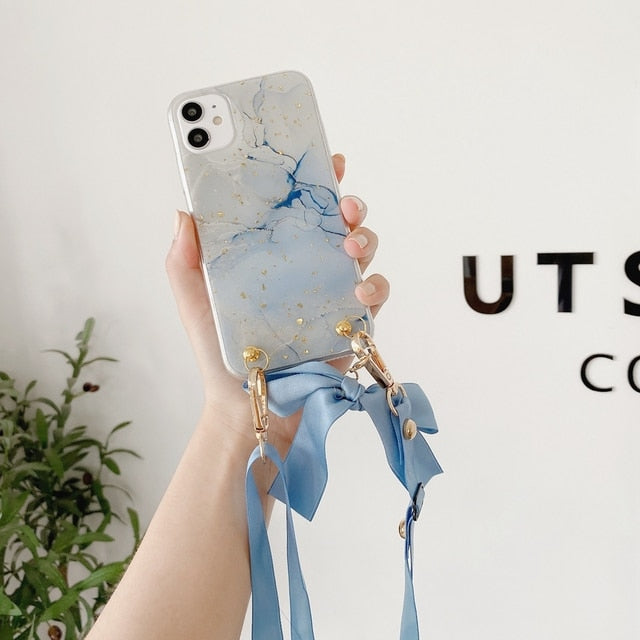 Fashion Cross Shoulder Strap Marble Christmas Gift Case For iPhone 12 11 Pro Max XS Max XR X 7 8 Plus Bow Necklace Soft Cover