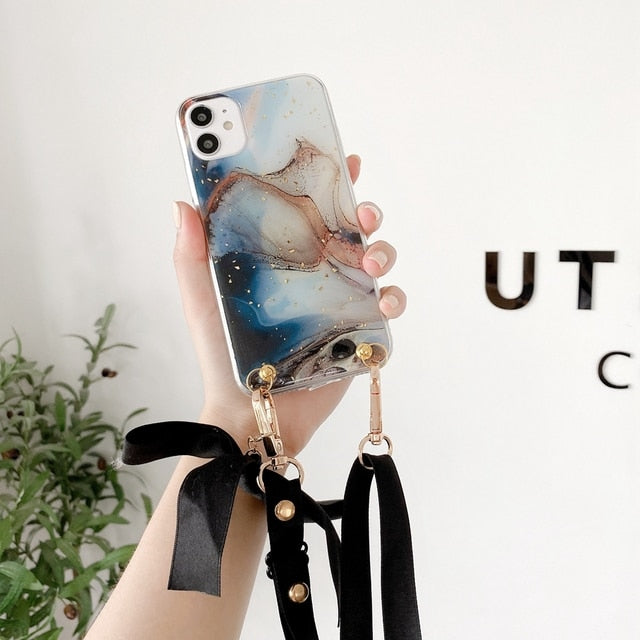 Fashion Cross Shoulder Strap Marble Christmas Gift Case For iPhone 12 11 Pro Max XS Max XR X 7 8 Plus Bow Necklace Soft Cover