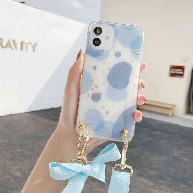 Fashion Cross Shoulder Strap Marble Christmas Gift Case For iPhone 12 11 Pro Max XS Max XR X 7 8 Plus Bow Necklace Soft Cover