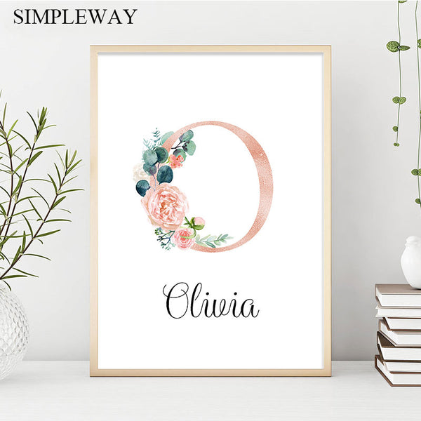 Custom Personalized Name Poster Floral Letter Art Canvas Print Baby Nursery Wall Picture Painting Kids Girl Bedroom Decoration
