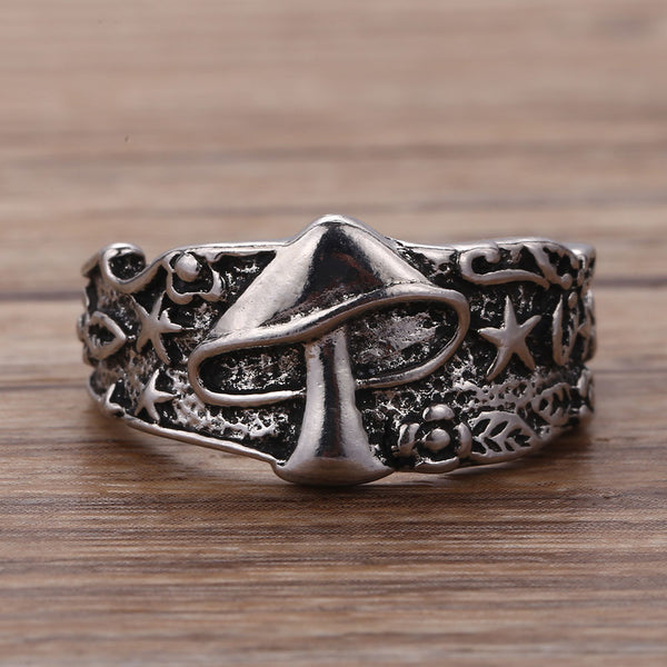 Vintage Mushroom Flower Pattern Ring for Women Men Multi Size Statement Retro Punk Hip Hop Biker Finger Party Night Club Ring