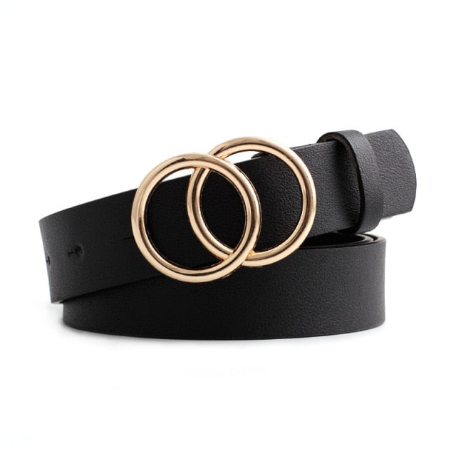 Women Fashion Big Double Ring Circle Metal Buckle Belt Wild Waistband Ladies Wide Leather Straps Belts for Leisure Dress Jeans