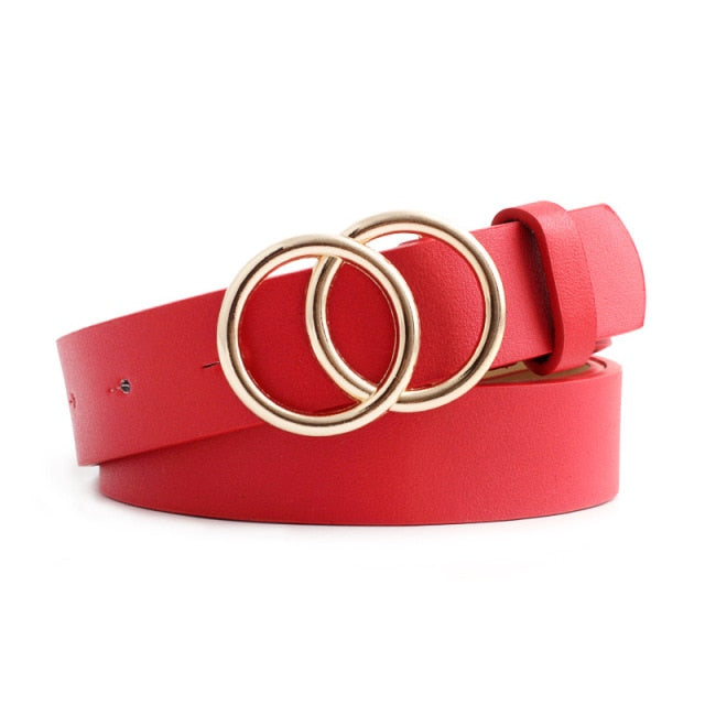 Women Fashion Big Double Ring Circle Metal Buckle Belt Wild Waistband Ladies Wide Leather Straps Belts for Leisure Dress Jeans