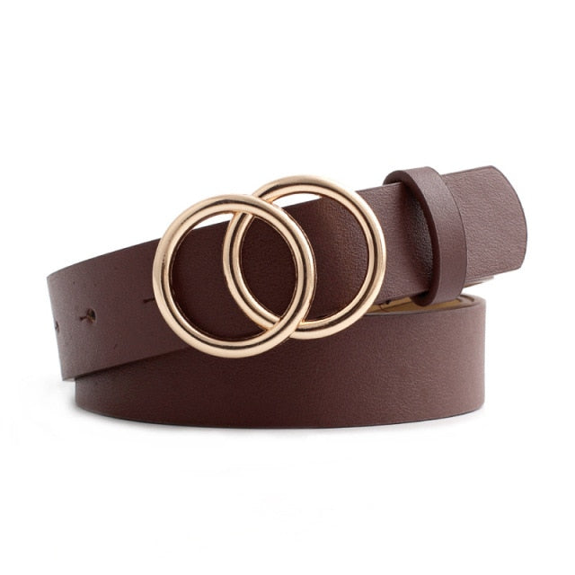 Women Fashion Big Double Ring Circle Metal Buckle Belt Wild Waistband Ladies Wide Leather Straps Belts for Leisure Dress Jeans