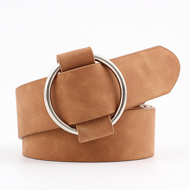 Women Fashion Big Double Ring Circle Metal Buckle Belt Wild Waistband Ladies Wide Leather Straps Belts for Leisure Dress Jeans