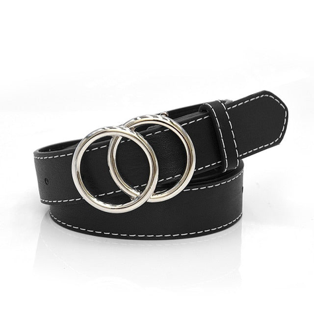 Women Fashion Big Double Ring Circle Metal Buckle Belt Wild Waistband Ladies Wide Leather Straps Belts for Leisure Dress Jeans