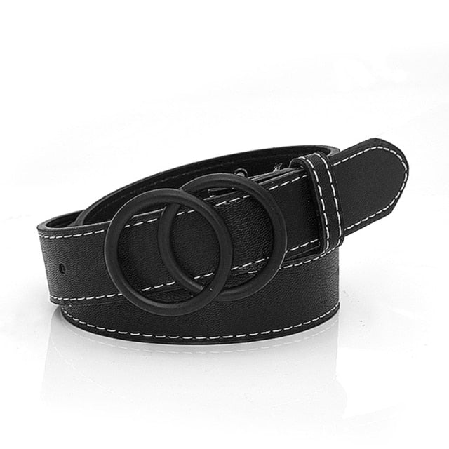 Women Fashion Big Double Ring Circle Metal Buckle Belt Wild Waistband Ladies Wide Leather Straps Belts for Leisure Dress Jeans
