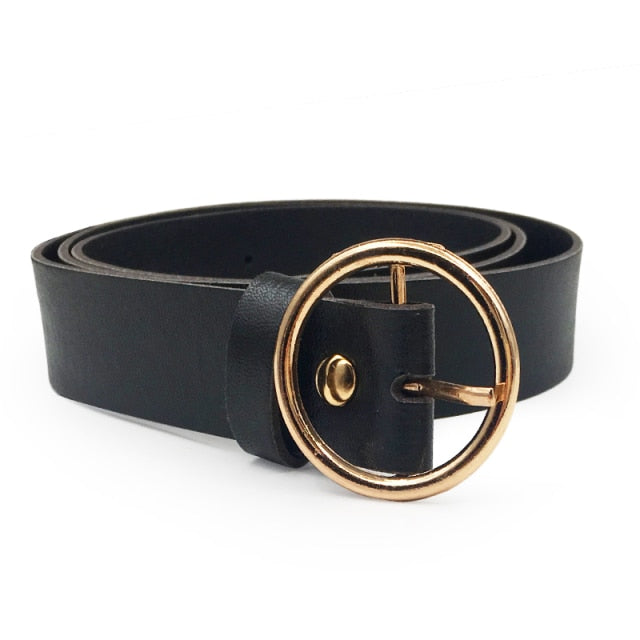 Women Fashion Big Double Ring Circle Metal Buckle Belt Wild Waistband Ladies Wide Leather Straps Belts for Leisure Dress Jeans