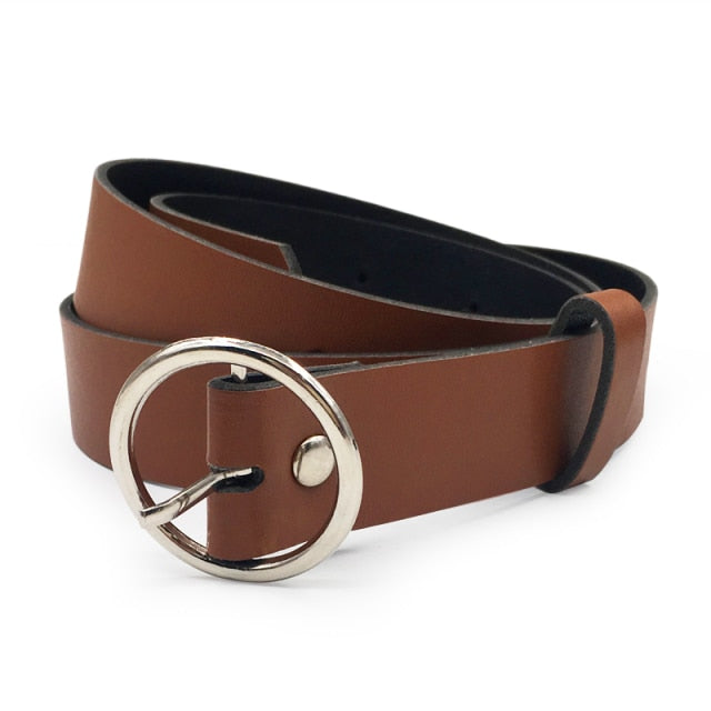 Women Fashion Big Double Ring Circle Metal Buckle Belt Wild Waistband Ladies Wide Leather Straps Belts for Leisure Dress Jeans