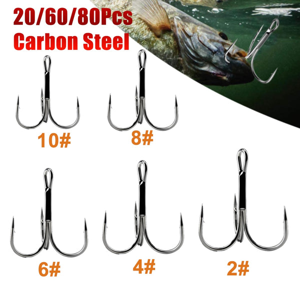 Fishing Hook 20/60/80pcs 2/4/6/8/10# High Carbon Steel Treble Hooks Fishing Tackle Tool Round Bend Fish Hook for Bass Carp