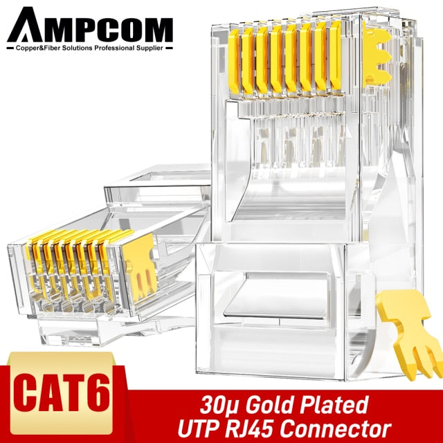 AMPCOM CAT6 RJ45 Modular Plug Connector UTP 50μ Gold-Plated Two-Pieces 8P8C Crimp End for Ethernet Cable, Bulk Ethernet Cable