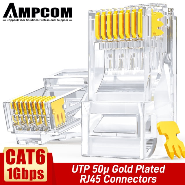 AMPCOM CAT6 RJ45 Modular Plug Connector UTP 50μ Gold-Plated Two-Pieces 8P8C Crimp End for Ethernet Cable, Bulk Ethernet Cable