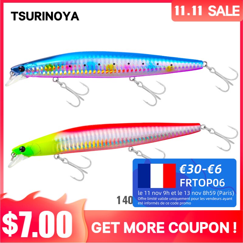 TSURINOYA Top Fishing Lure Sinking Minnow 140S DW92 140mm 26g Saltwater Black Bass Pike Long Casting Hard Baits Tungsten Weight